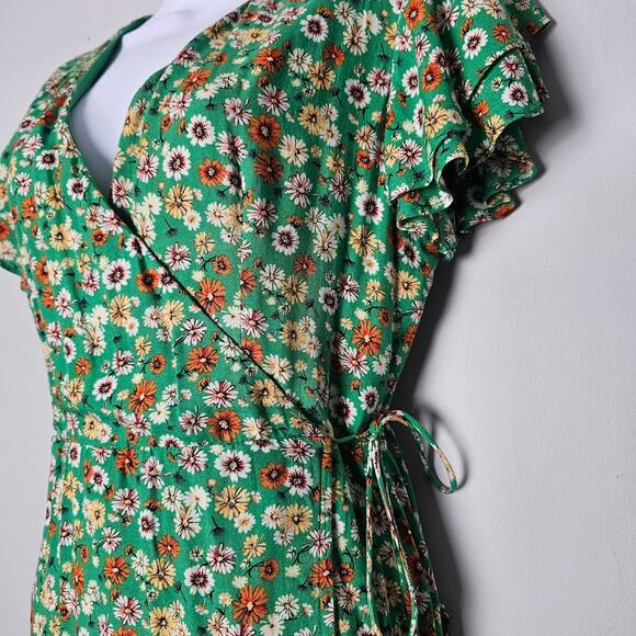 Mi Ami Green Floral True Wrap Dress M Lined Boho Cottagecore Flutter Sleeve Soft - Picture 2 of 10
